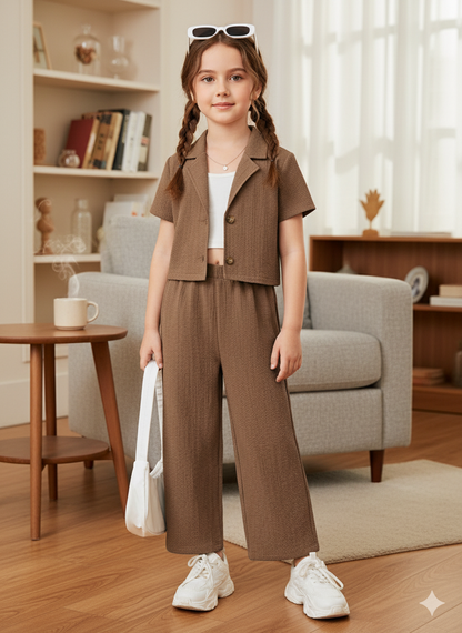Girls Jacket and Wide legs Pants Co-ords Set ( Brown )