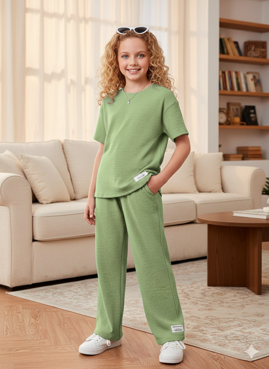 Girls T-shirt and Wide legs Pants Co-ords Set ( Green )