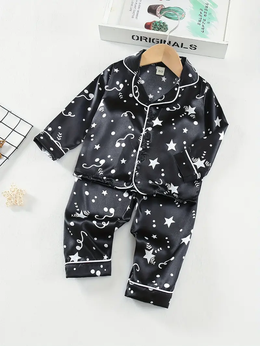 Black Star Printed Unisex Nightsuit Set For Kids