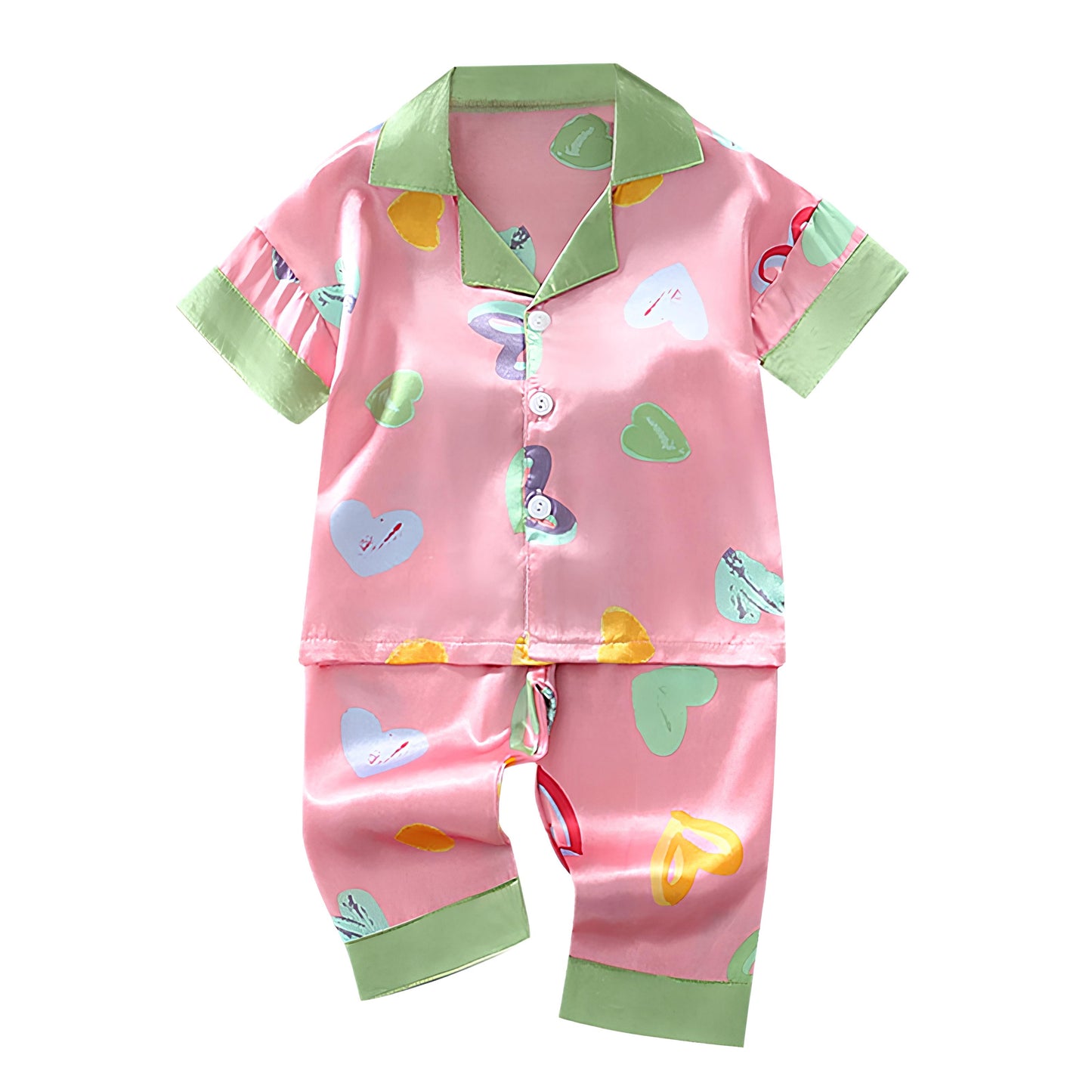 Pink Heart Printed Collared Unisex Kids Night Set