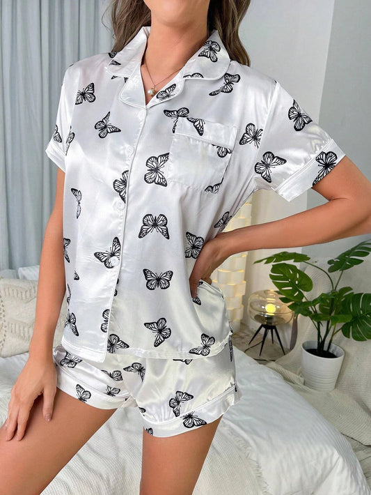 Butterfly Printed White Nightsuit Set For Women