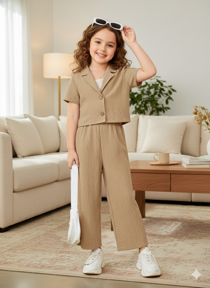 Girls Jacket and Wide legs Pants Co-ords Set ( Beige )