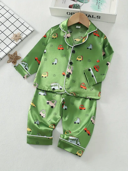 Green Car Printed Unisex Kids Nightsuit Set