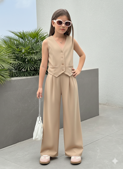 Girls Modern Solid Vest and Wide legs Pant Set ( Beige )