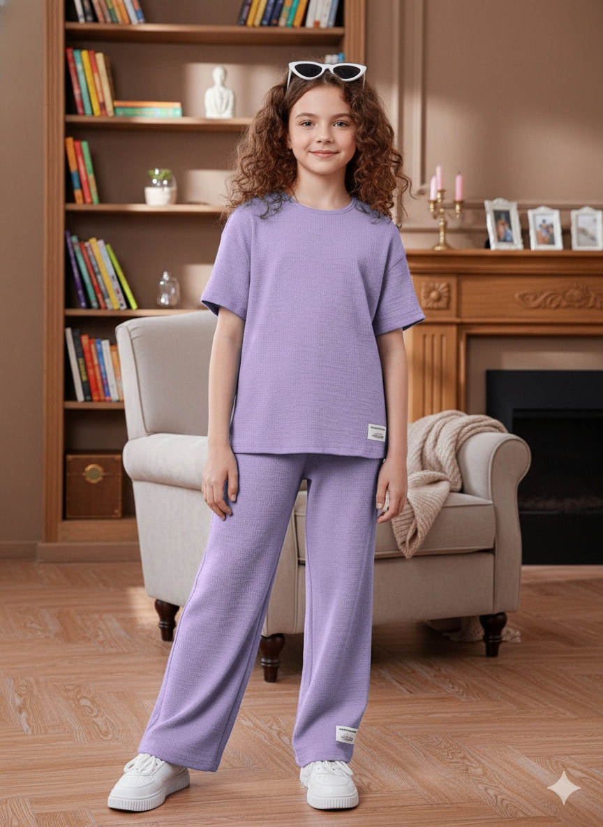 Girls T-shirt and Wide legs Pants Co-ords Set ( Purple )