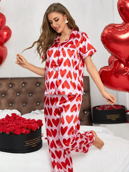 Red Love Printed Nightsuit Set For Women