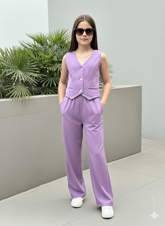 Girls Modern Solid Vest and Wide legs Pant Set ( Purple )