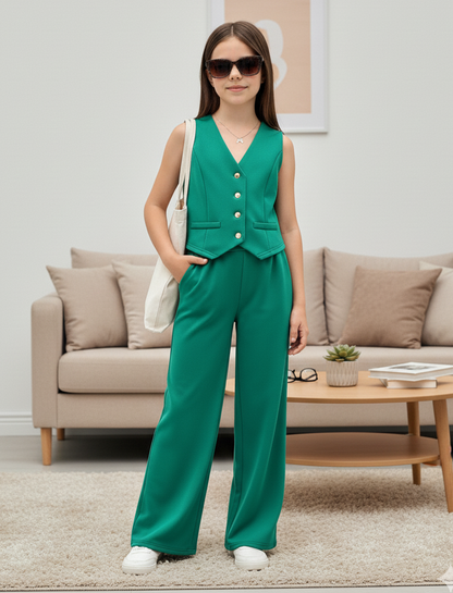 Girls Modern Solid Vest and Wide legs Pant Set ( Teal )