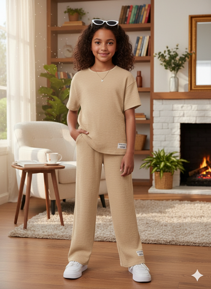 Girls T-shirt and Wide legs Pants Co-ords Set ( Beige )