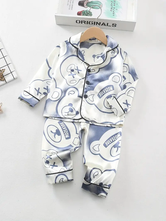 White Teddy Printed Unisex Nightsuit Set For Kids