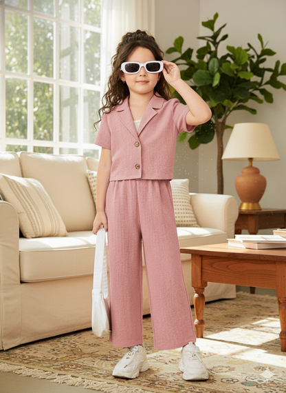 Girls Jacket and Wide legs Pants Co-ords Set ( Pink )