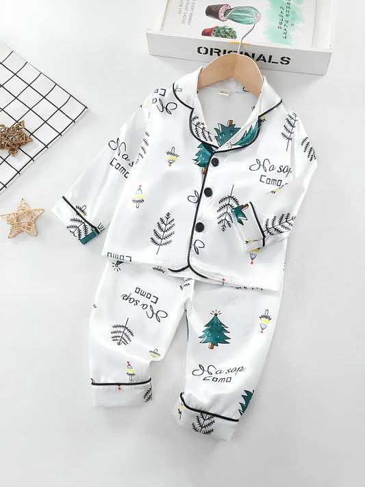 White Tree Printed Unisex Nightsuit Set For Kids