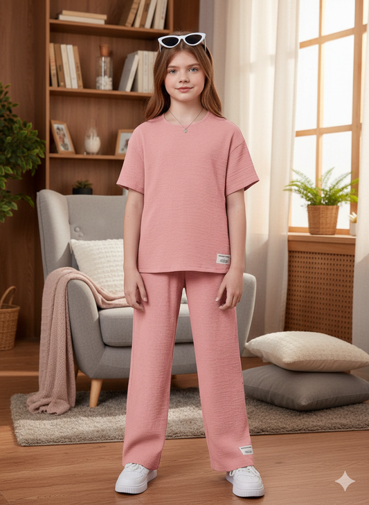 Girls T-shirt and Wide legs Pants Co-ords Set ( Pink )