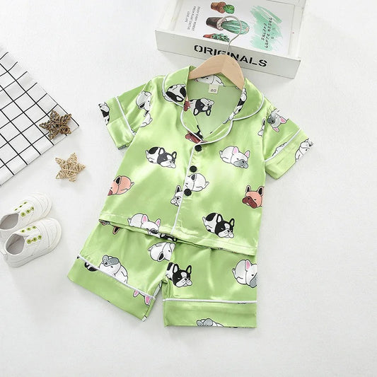 Green Puppy Printed Unisex Kids Nightsuit Set