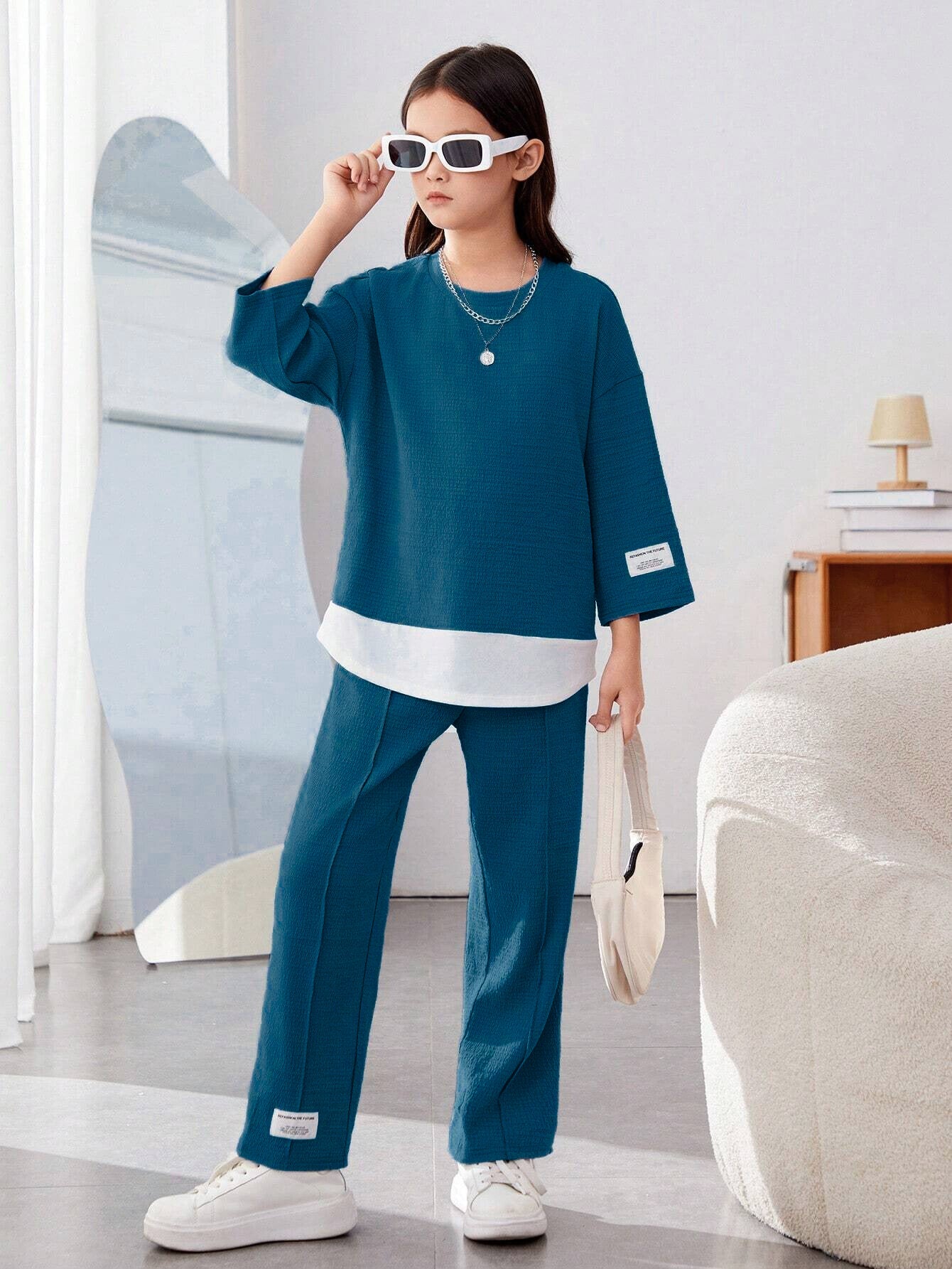 Girls Modern Oversized and  Pant Set ( Navy Blue )