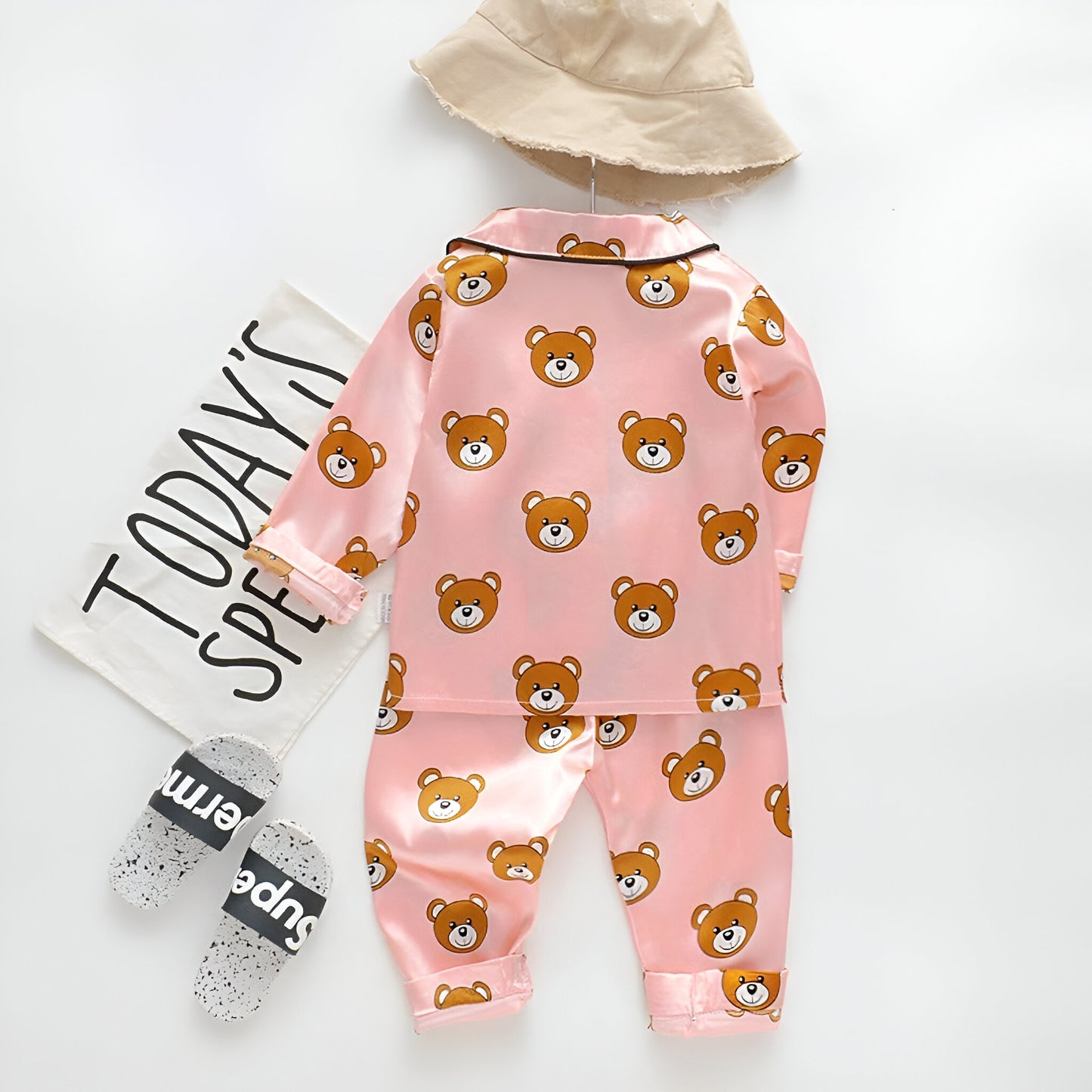 Pink Teddy Printed Unisex Nightsuit Set For Kids