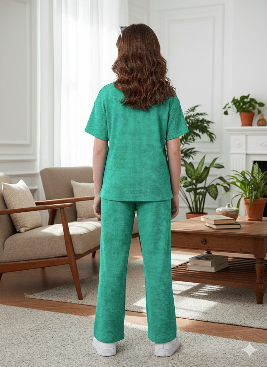 Girls T-shirt and Wide legs Pants Co-ords Set ( Dark Green )