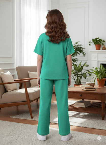 Girls T-shirt and Wide legs Pants Co-ords Set ( Dark Green )