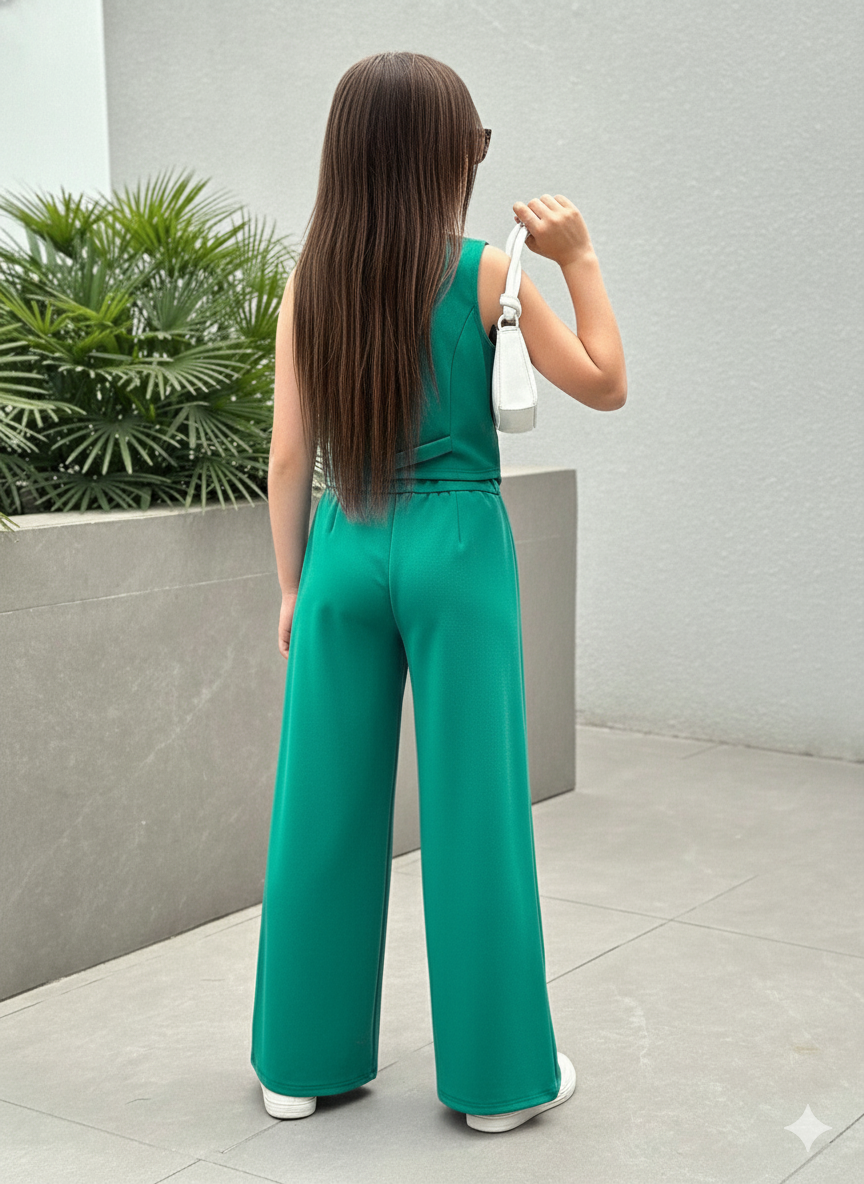 Girls Modern Solid Vest and Wide legs Pant Set ( Teal )