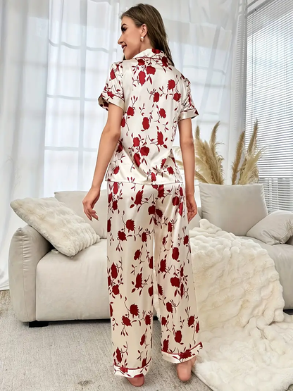 Red Floral Printed Pajama Set