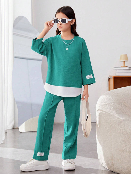 Girls Modern Oversized and  Pant Set ( Teal )