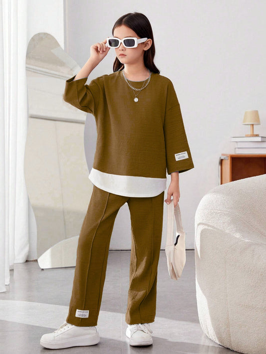 Girls Modern Oversized and  Pant Set ( Brown )