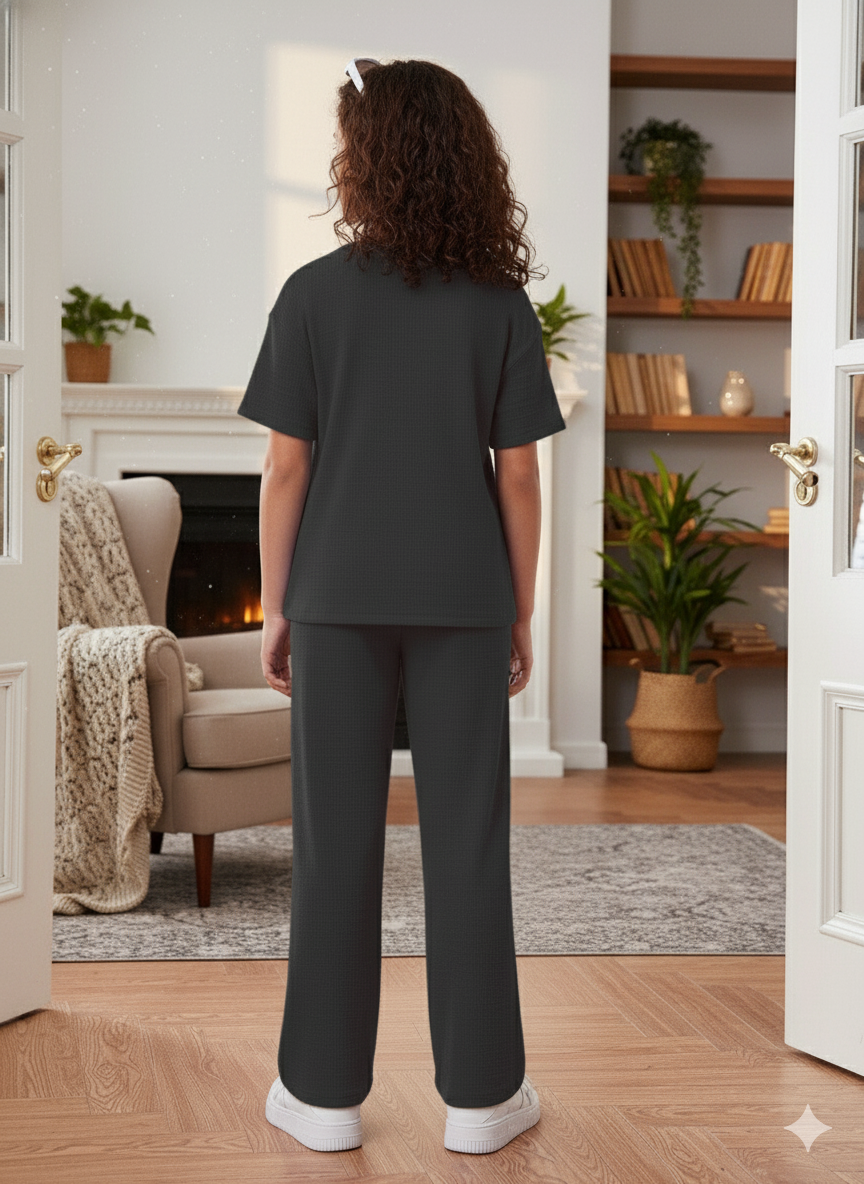 Girls T-shirt and Wide legs Pants Co-ords Set ( Black )