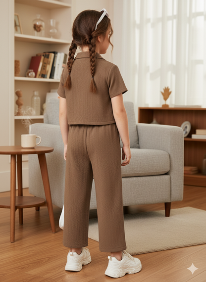 Girls Jacket and Wide legs Pants Co-ords Set ( Brown )