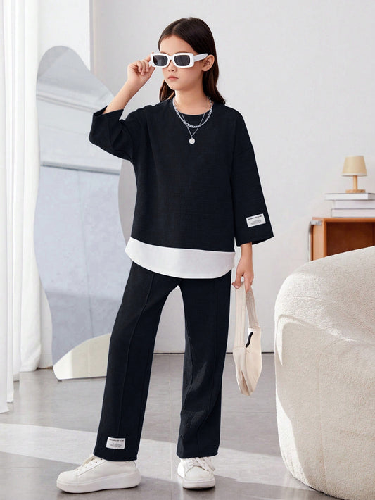 Girls Modern Oversized and  Pant Set ( Black )