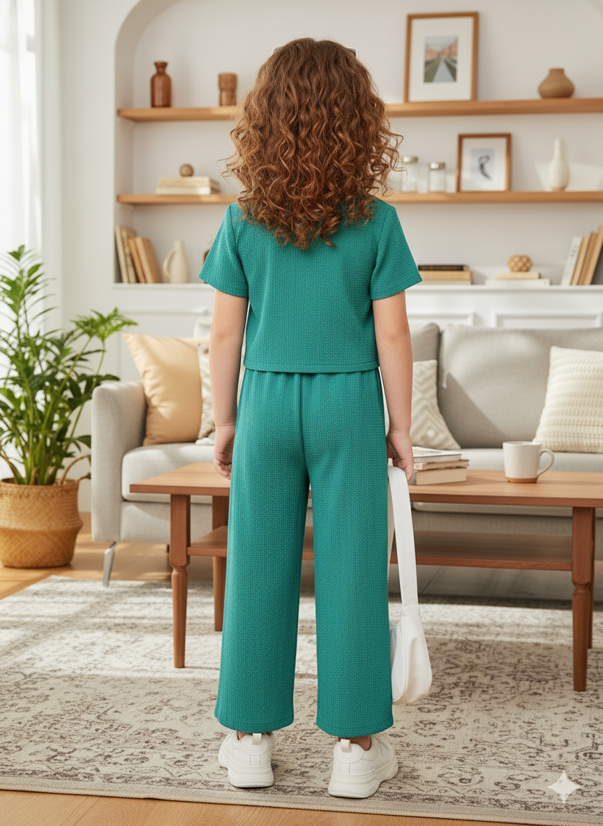 Girls Jacket and Wide legs Pants Co-ords Set ( Dark Green )