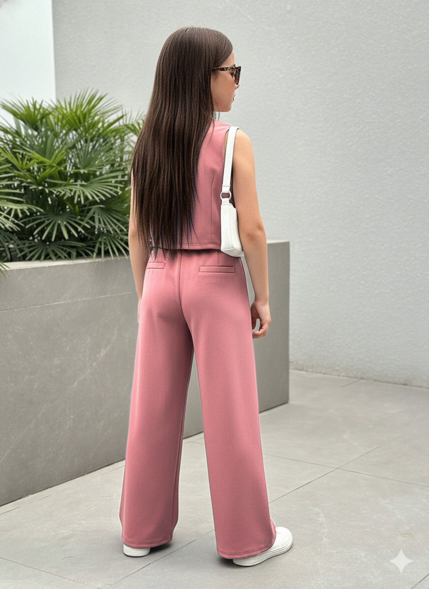 Girls Modern Solid Vest and Wide legs Pant Set ( Pink )