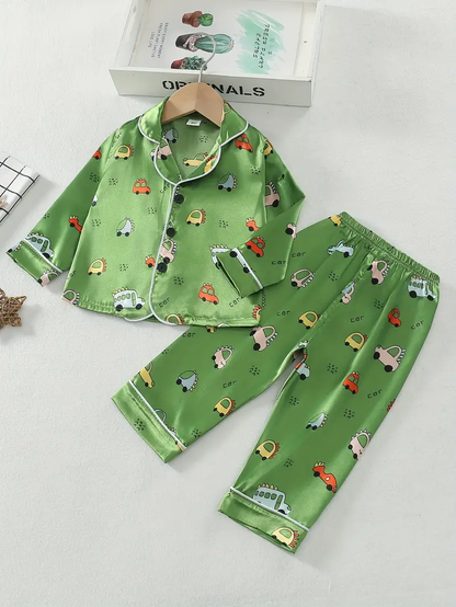 Green Car Printed Unisex Kids Nightsuit Set