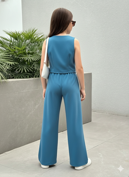 Girls Modern Solid Vest and Wide legs Pant Set ( Blue )