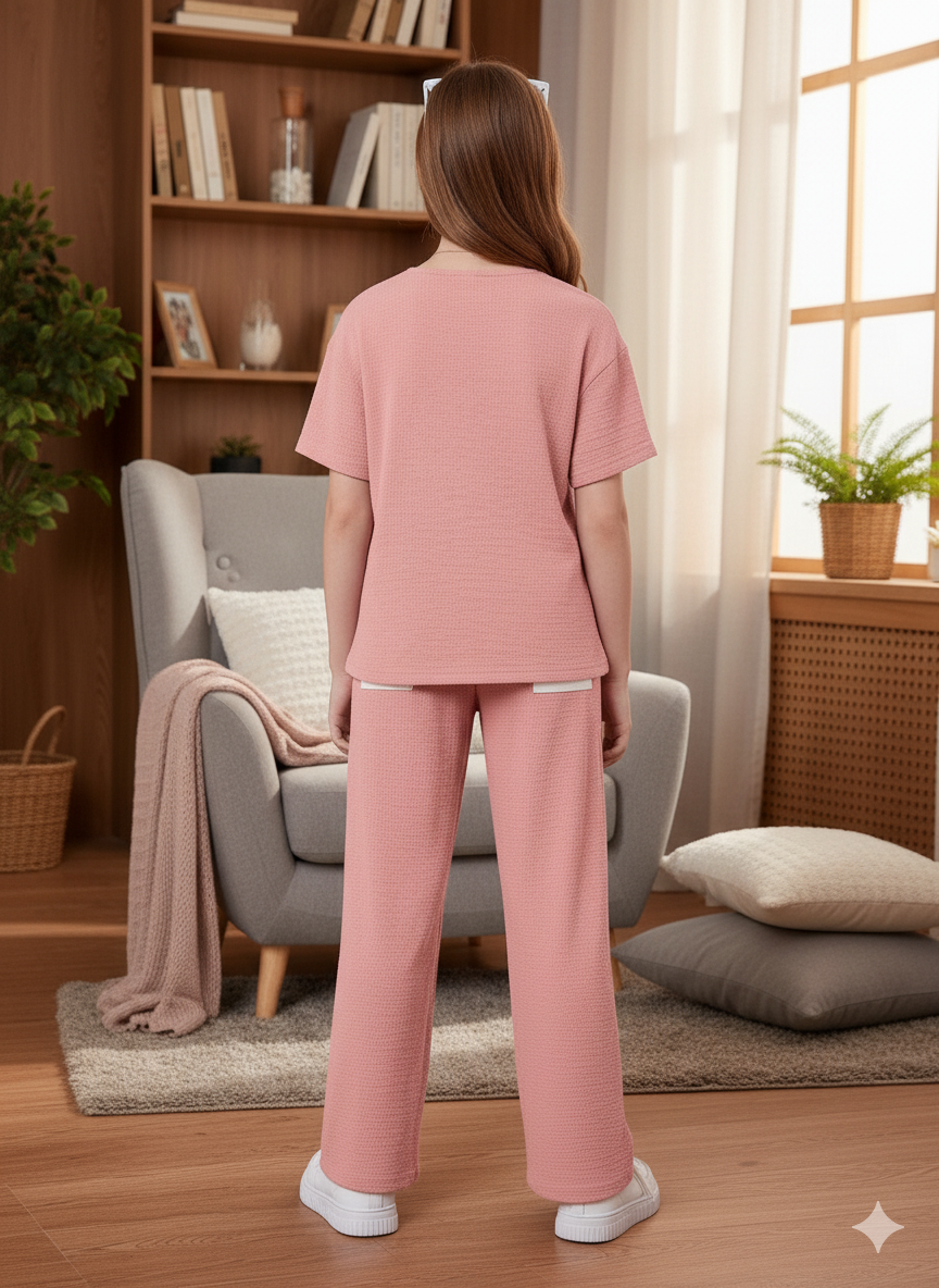 Girls T-shirt and Wide legs Pants Co-ords Set ( Pink )