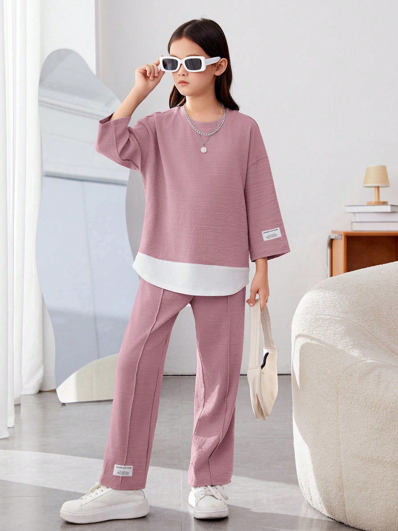 Girls Modern Oversized and  Pant Set ( Pink )