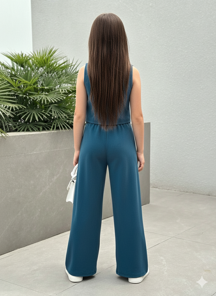 Girls Modern Solid Vest and Wide legs Pant Set ( Navy Blue )