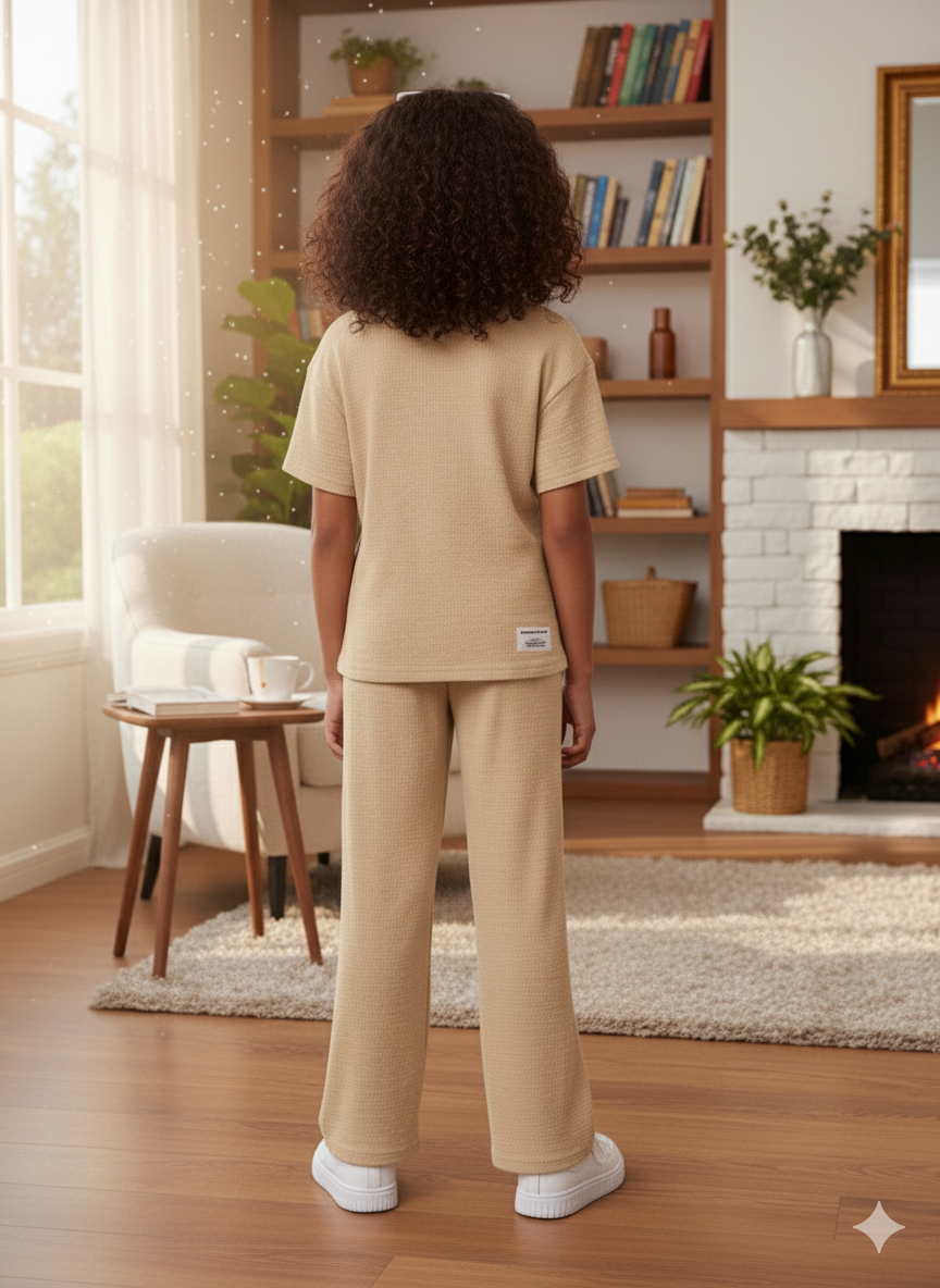 Girls T-shirt and Wide legs Pants Co-ords Set ( Beige )