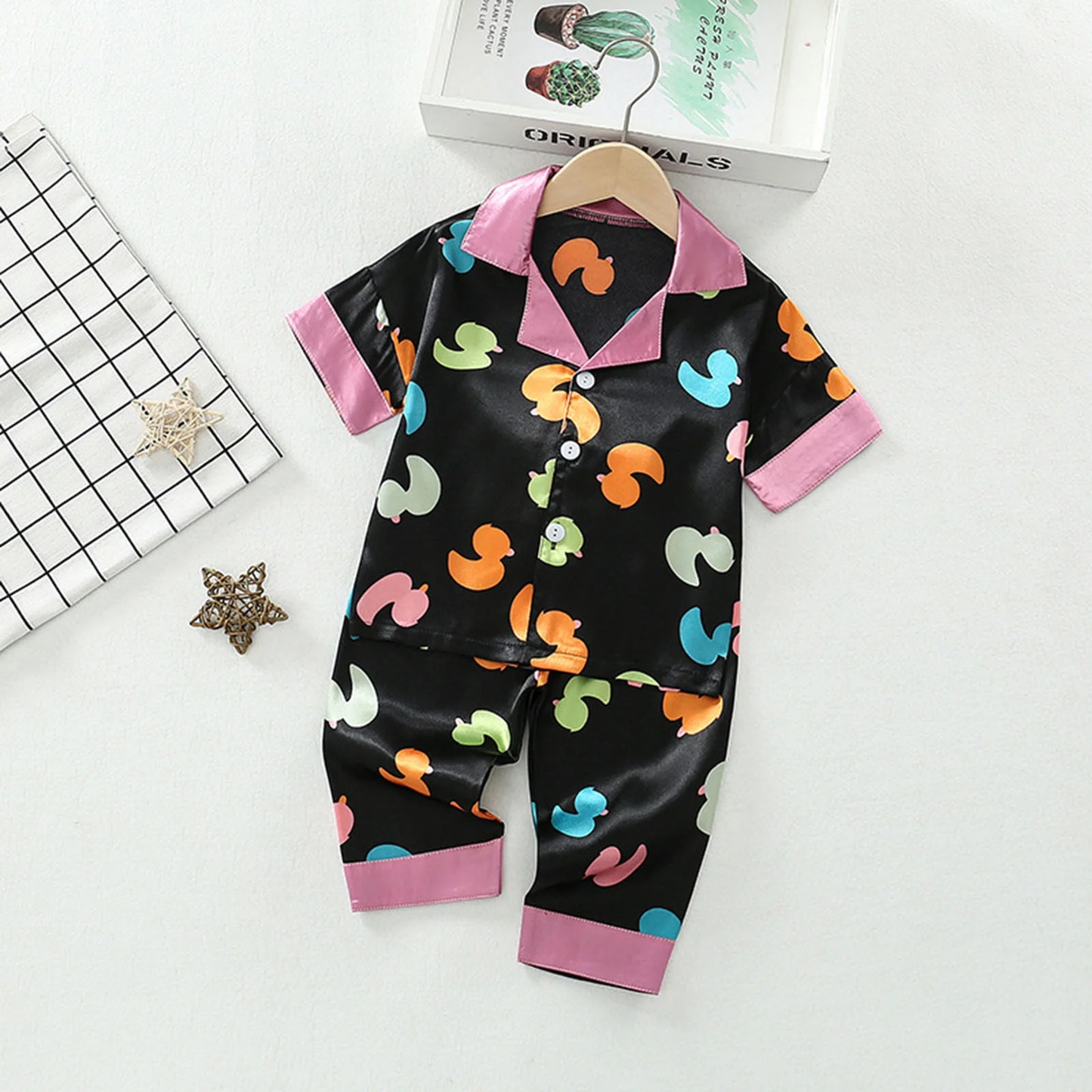 Black Duck Printed Collared Unisex Kids Nightsuit Set