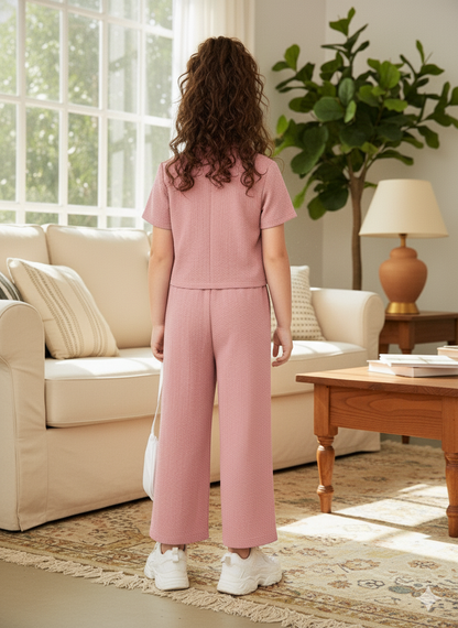Girls Jacket and Wide legs Pants Co-ords Set ( Pink )