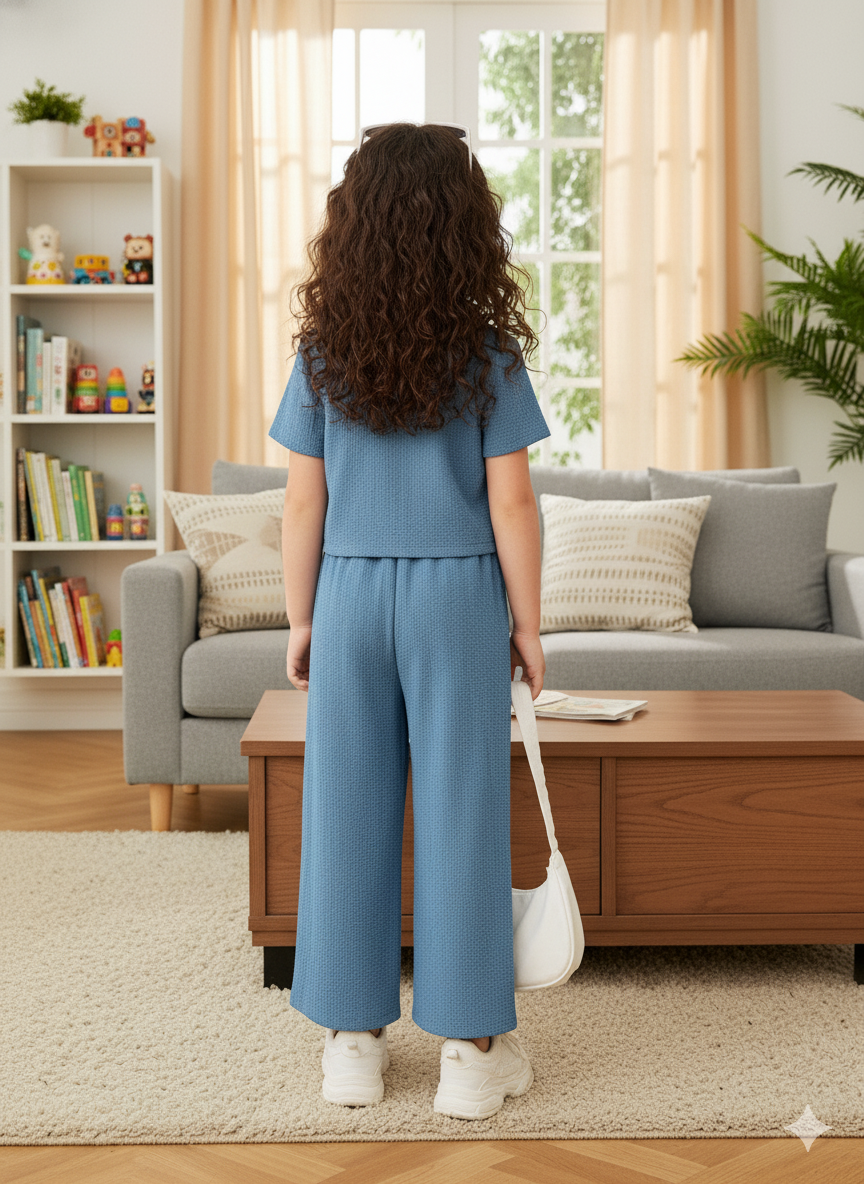 Girls Jacket and Wide legs Pants Co-ords Set ( Light Blue )