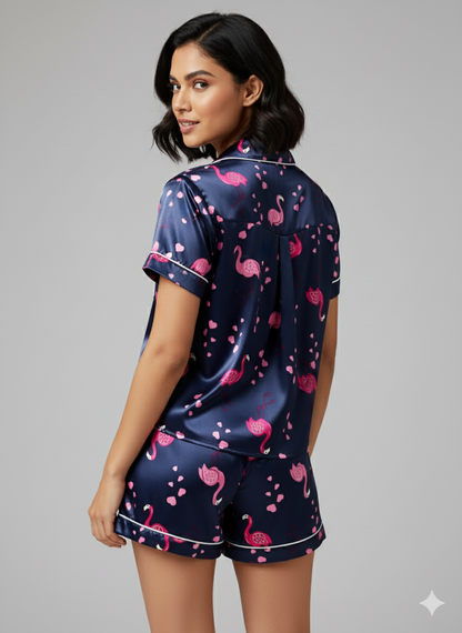 Blue Flamingo Printed Shorts Set