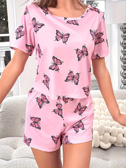 Women's Pink Butterfly Printed Co-Ord's Set