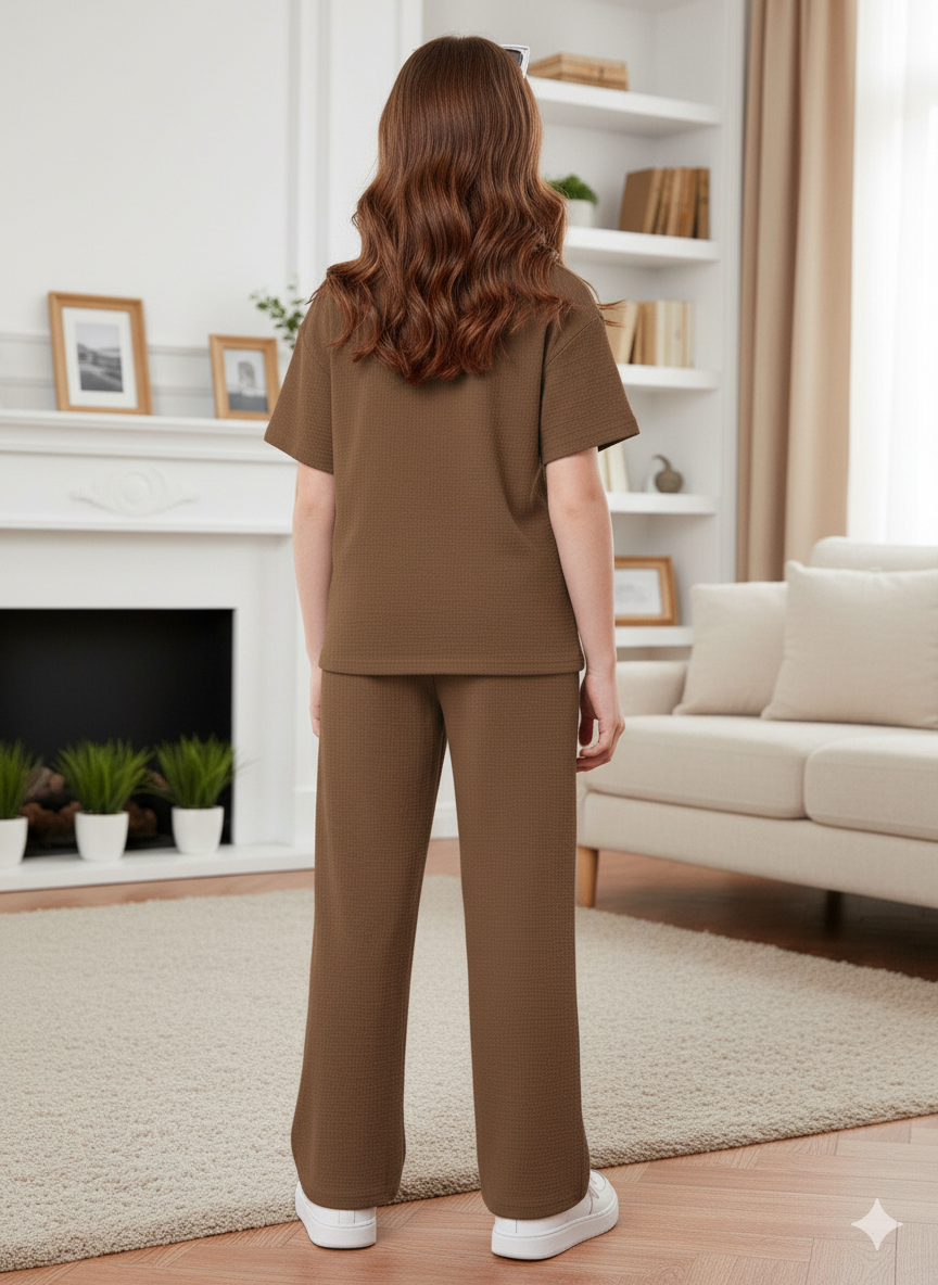 Girls T-shirt and Wide legs Pants Co-ords Set ( Brown )