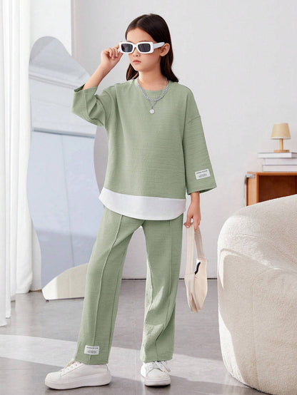 Girls Modern Oversized and  Pant Set ( Green )
