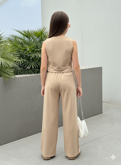 Girls Modern Solid Vest and Wide legs Pant Set ( Beige )