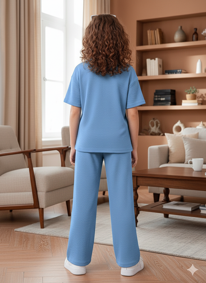 Girls T-shirt and Wide legs Pants Co-ords Set ( Light Blue )