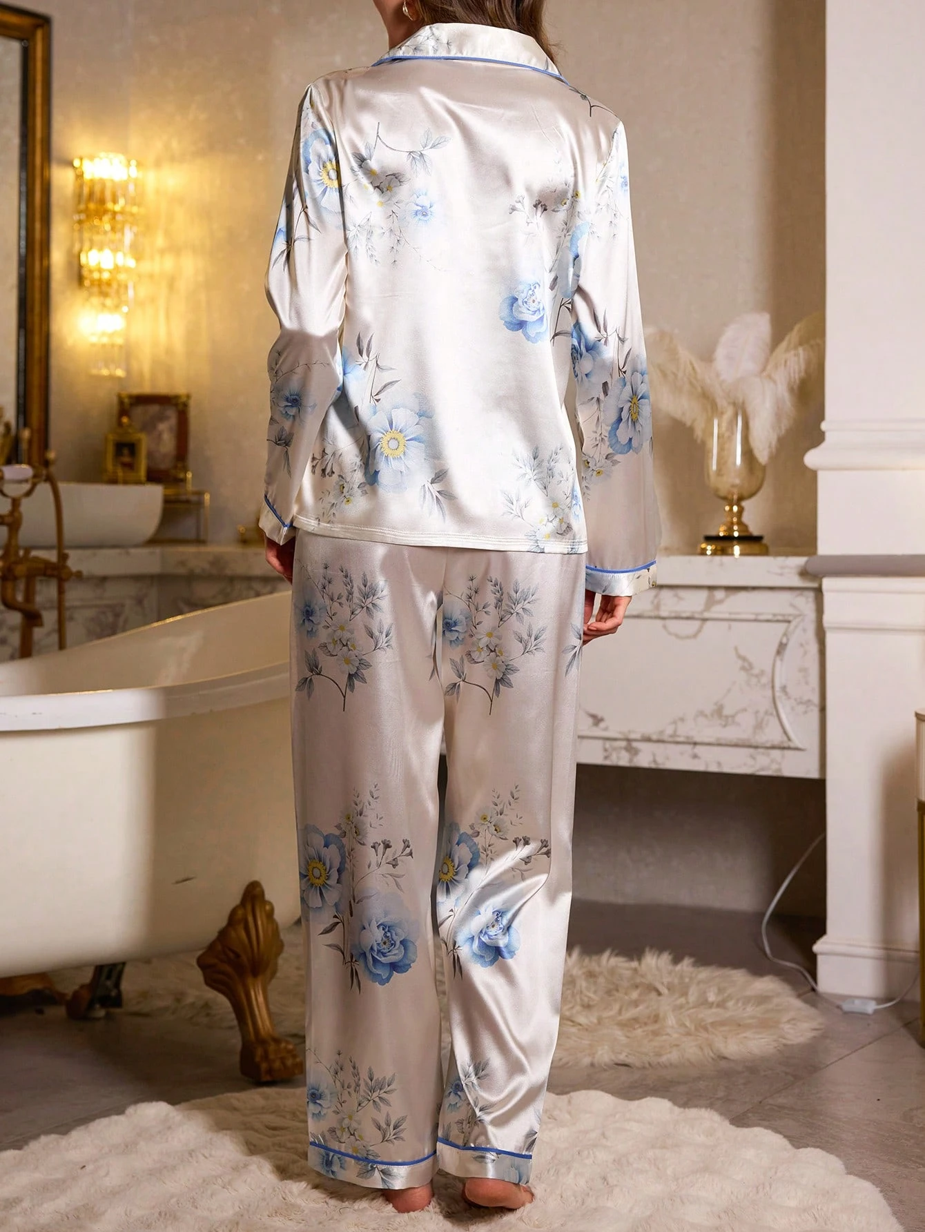 Blue Floral Printed Pajama Set