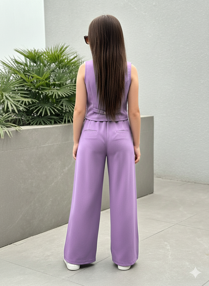 Girls Modern Solid Vest and Wide legs Pant Set ( Purple )