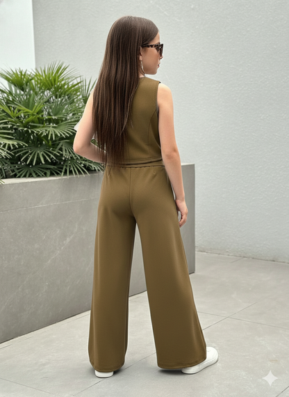 Girls Modern Solid Vest and Wide legs Pant Set ( Brown )