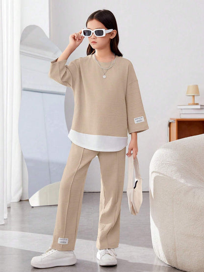 Girls Modern Oversized and  Pant Set ( Beige )